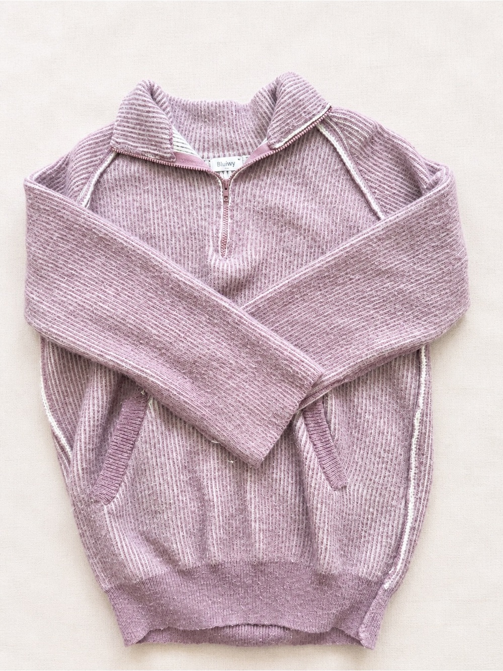 Bluivy Mauve Ribbed Quarter Zip Sweater Exposed Seam Pullover Small